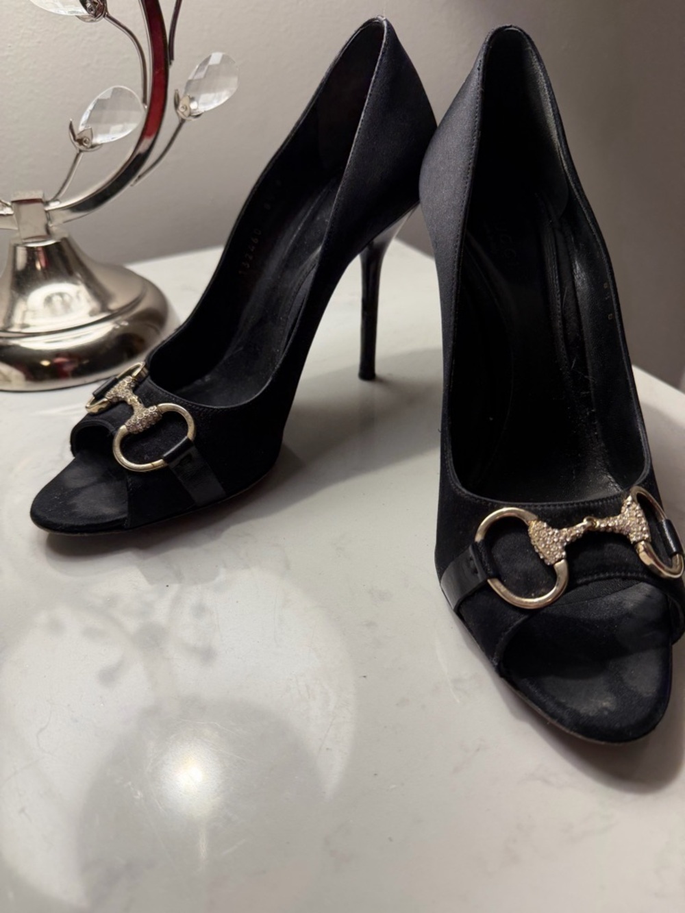 Gucci Black Open-Toe Stiletto Heels with Crystal-Embellished Horsebit - Picture 5 of 9
